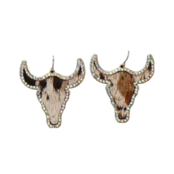 Blazin Roxx Silver Strike Cow Hide Crystal Bull Head Earrings D460013305