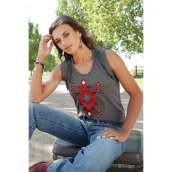 Cruel Denim Ladies Aztec Print Heather Charcoal Grey Tank Top CTK7395001